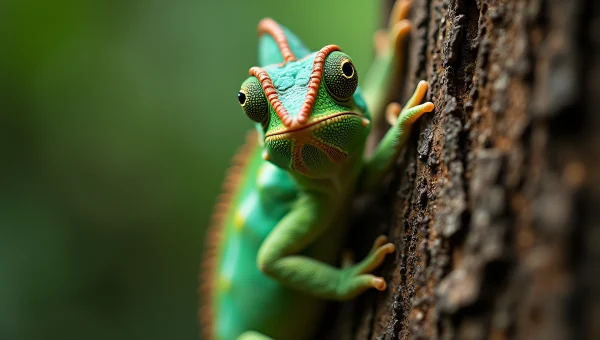 Green Chameleon On Textured Tree Bark