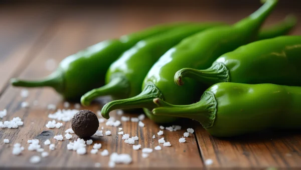 Green Chili Peppers Close-Up With Salt