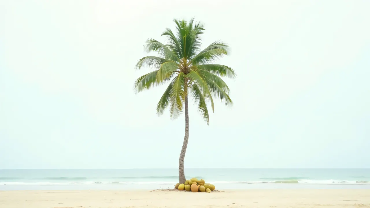 A green coconut tree with a curved trunk and fronds on a sandy beach.
