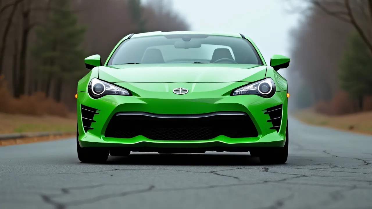 A green coupe parked on a gray asphalt road with a tree-lined horizon.