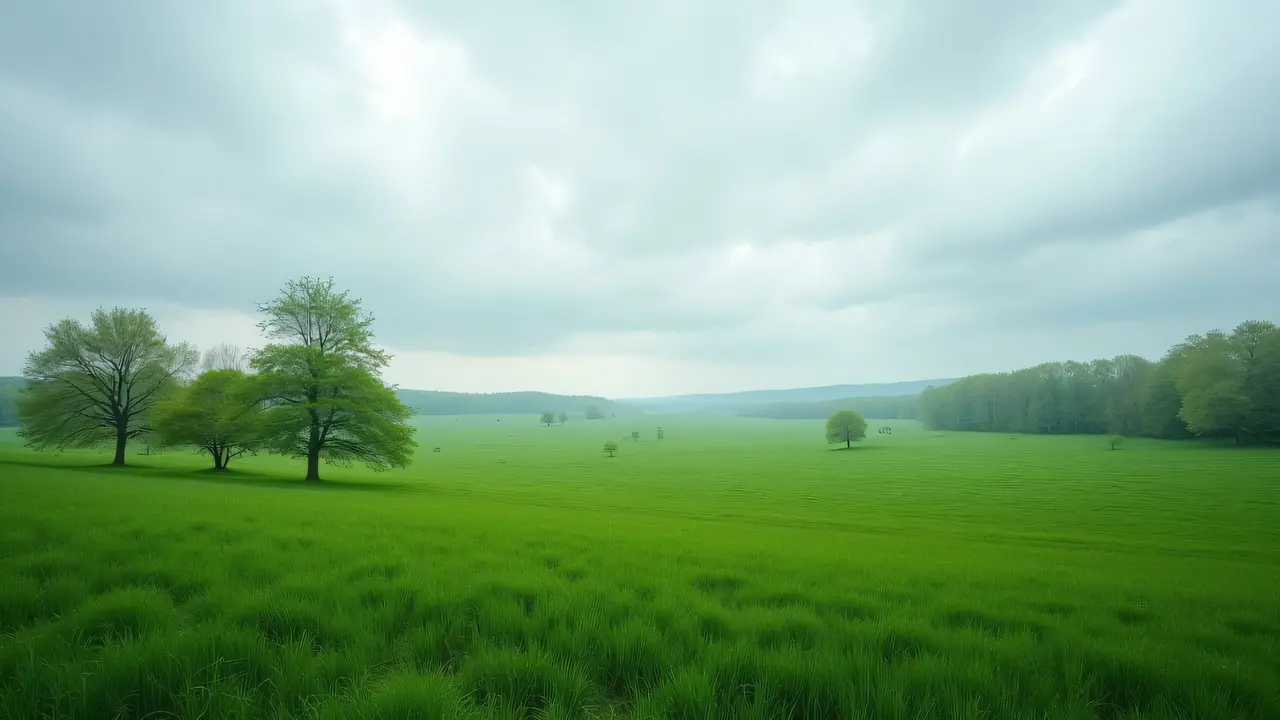 A wide green field features scattered deciduous trees beneath a layered cloudy sky.