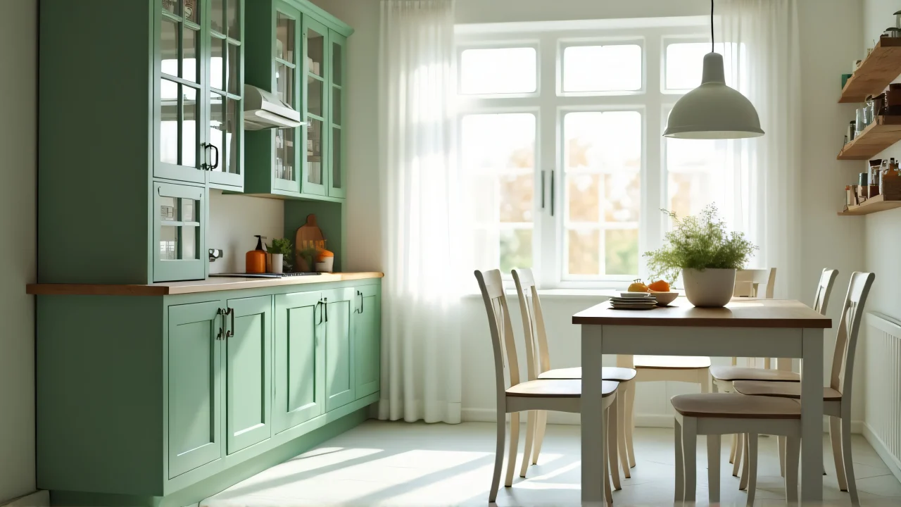 A green glass-front cabinet next to a white dining table in a sunny kitchen.
