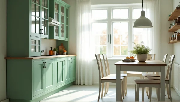 Green Glass-Front Cabinet In Bright Kitchen
