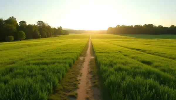 Green Grass Field With Winding Pathway And Trees