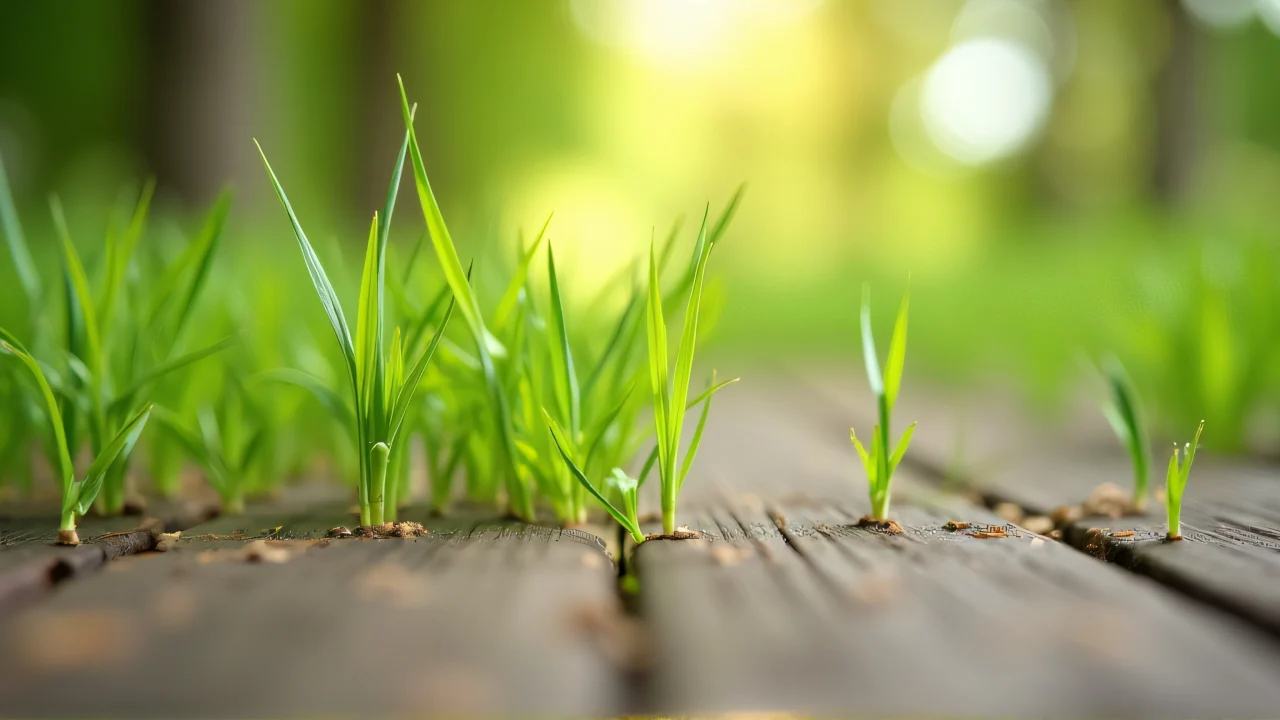 Close-up of vibrant green grass between wooden floorboards.