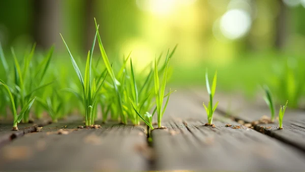 Green Grass Growing On Wooden Floor Close-Up