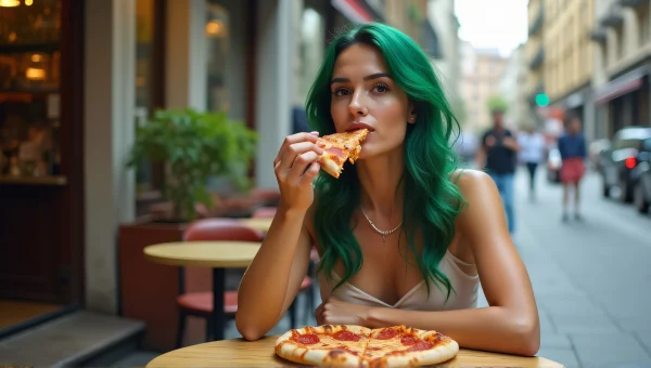 Green-Haired Woman Eating Pizza at Café