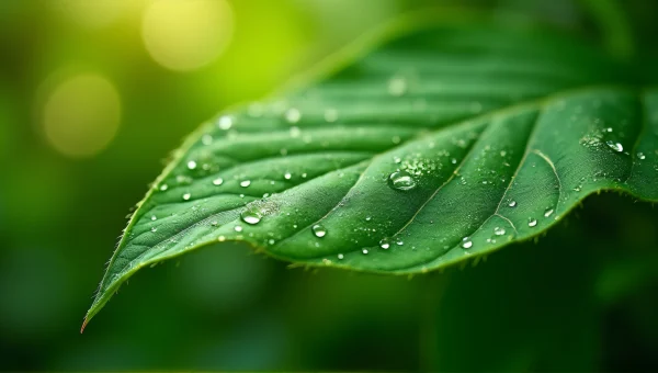 Green Leaf Close-Up With Dewdrops and Texture