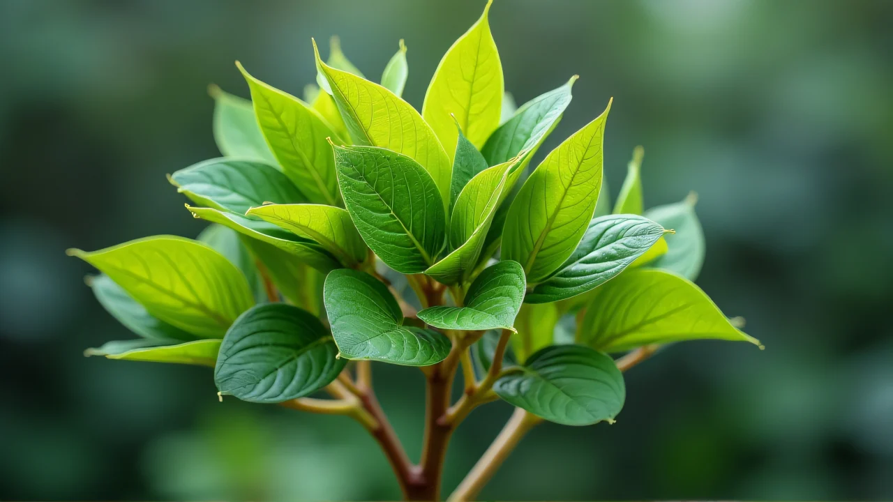 Top view of a cluster of vibrant green leaves on thin stems in soft light.