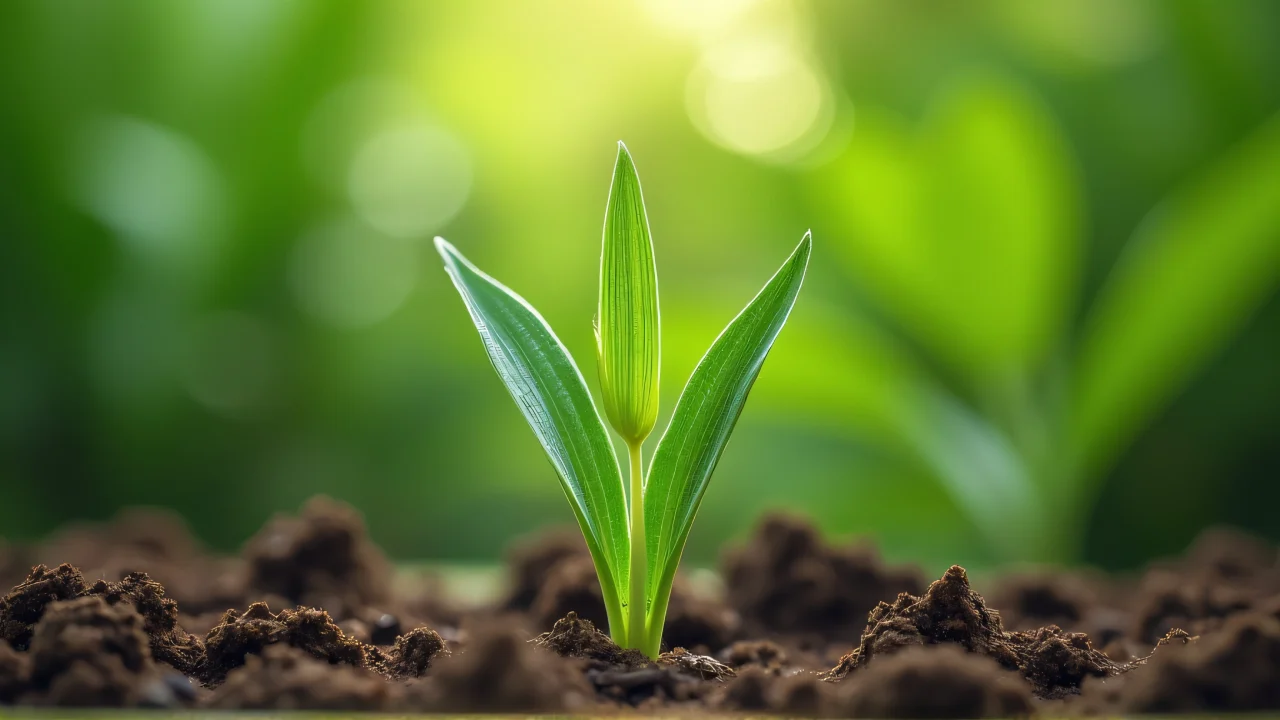 Close-up of a green leaf plant with textured soil, showcasing botanical details and natural light.