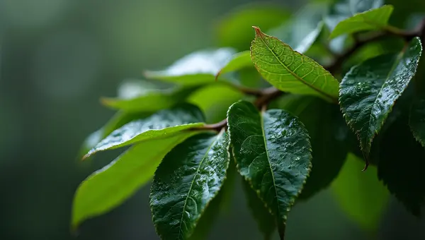 Green Leaves Overlapping On Rain-Slick Branch