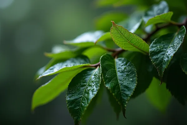 Green Leaves Overlapping On Rain-Slick Branch