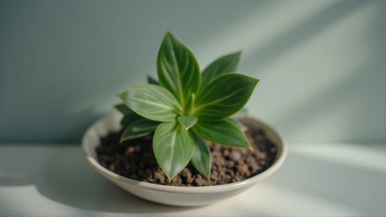 Close-up of a green ovate leaf plant in a ceramic pot.