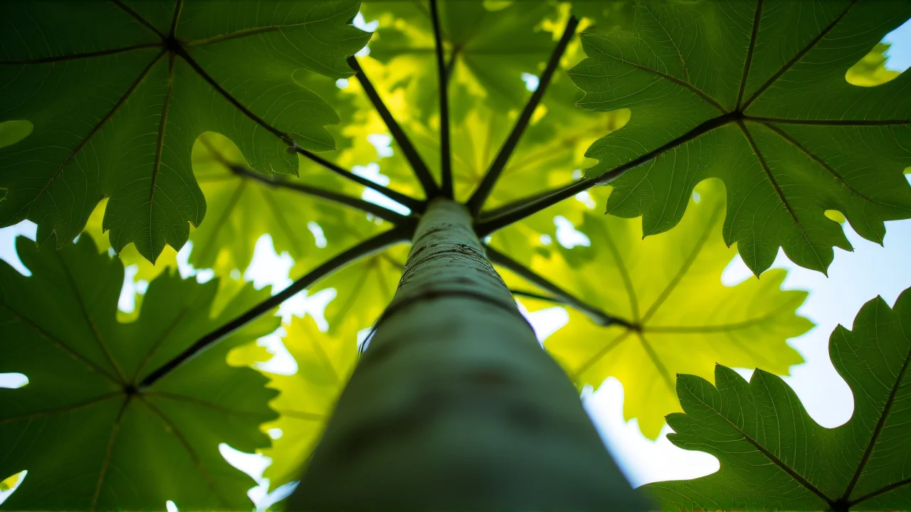 Low-angle view of a green papaya tree with sunlight filtering through its leaves.