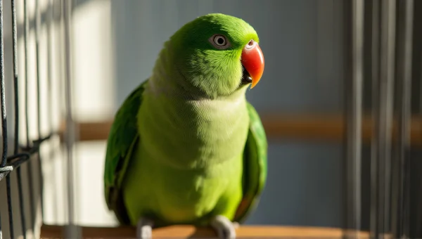 Green Parrot Perched on Wire Birdcage in Morning Light