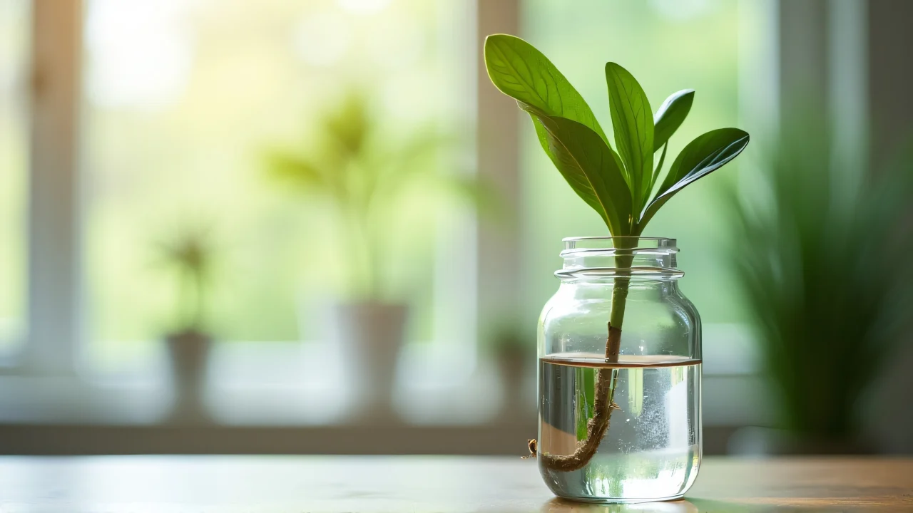 Close-up of a green plant cutting in a glass bottle filled with water.