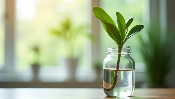 Green Plant Cutting in Glass Bottle with Water