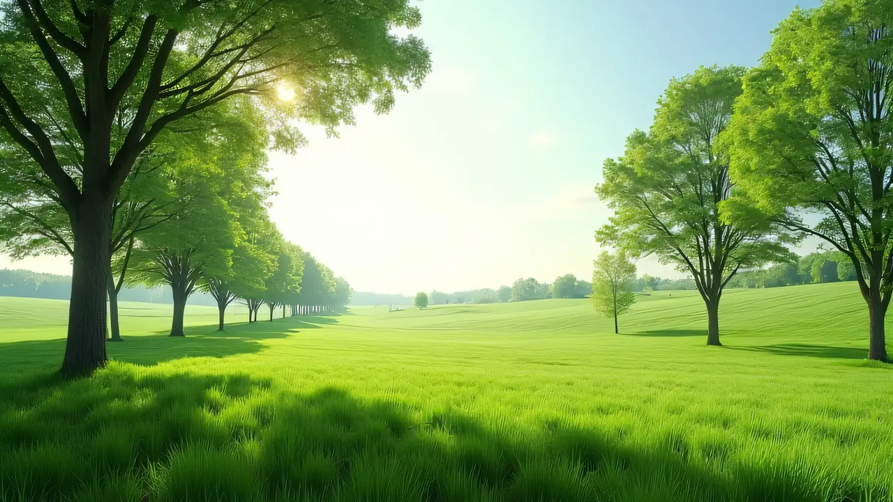 Wide-angle view of green-leafed trees along a grassy field under a clear sky.