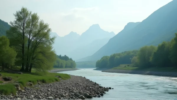 Green Trees By Rocky Riverbank With Mountains