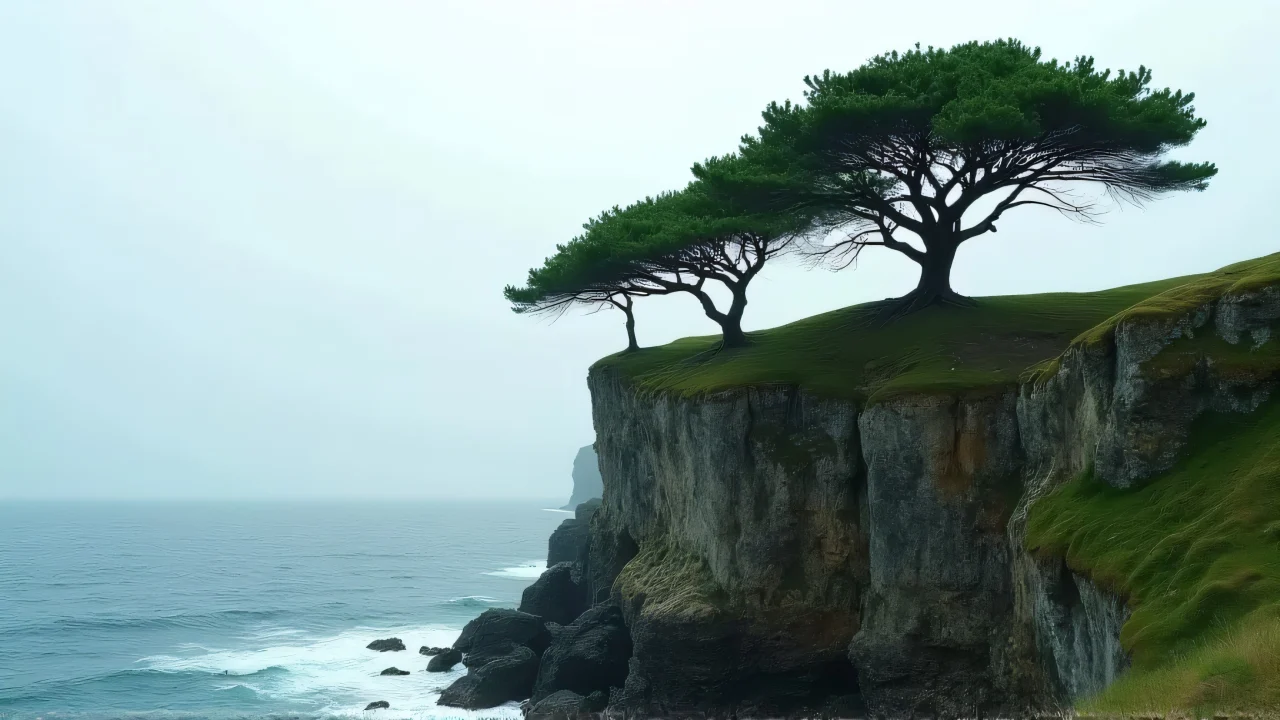 A cluster of green trees atop a windswept cliff overlooking the sea.