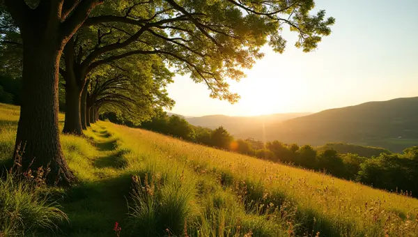 Green Trees And Wildflowers At Golden Hour