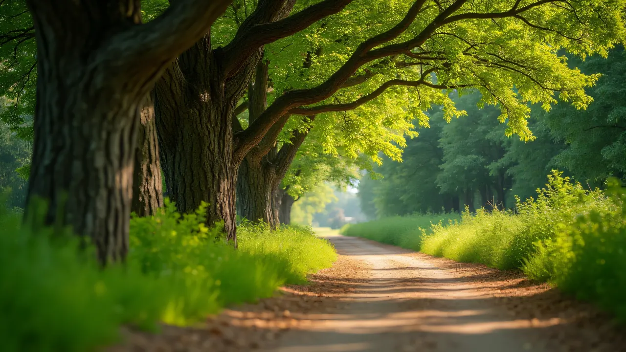 A low-angle view of green trees along a winding dirt path with morning light filtering through the leaves.