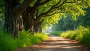 Green Trees Winding Path Morning Light View