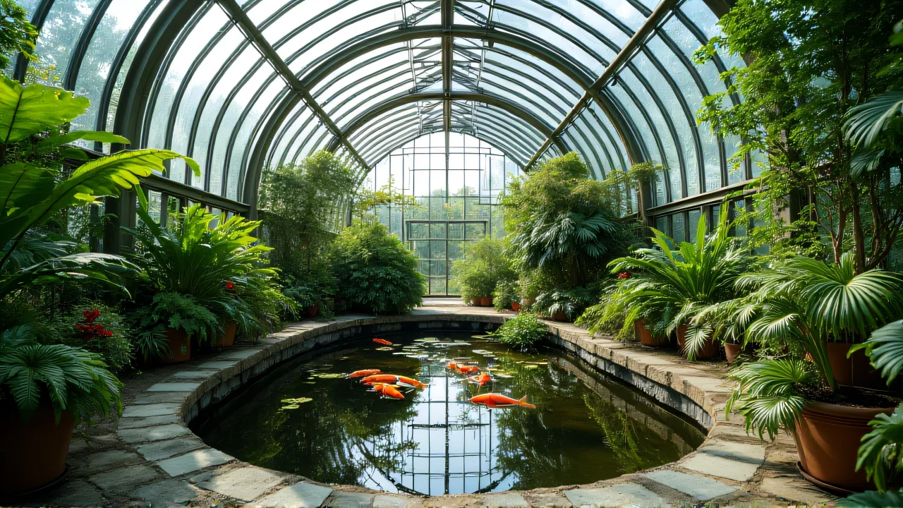 Interior view of a greenhouse featuring a koi pond and ferns.
