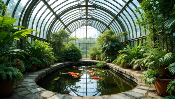 Greenhouse Interior With Koi Pond And Ferns
