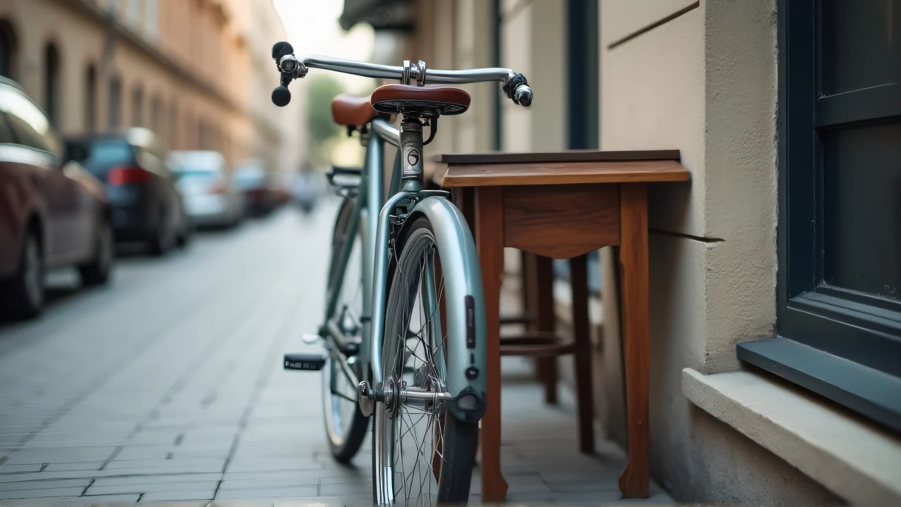 A grey bicycle is parked against a wooden table on a sidewalk.