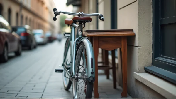 Grey Bicycle Parked On Sidewalk With Table