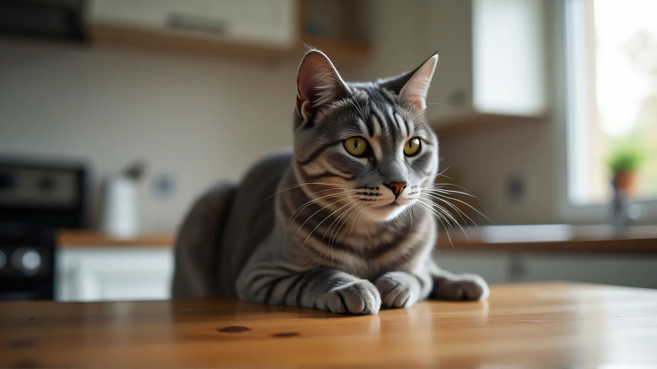A grey cat sitting on a wooden kitchen table, lit by natural light from a window.