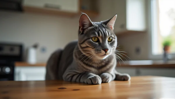 Grey Cat On Wooden Kitchen Table With Window Light