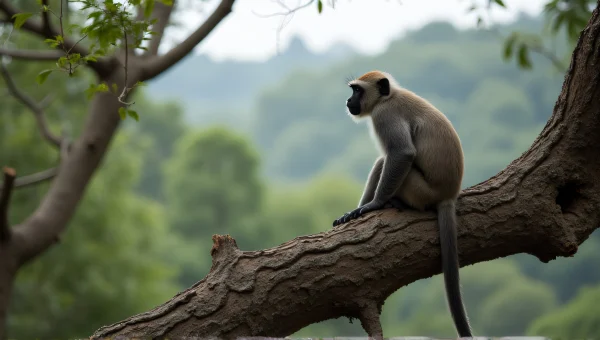 Grey Monkey On Gnarled Tree Branch In Jungle