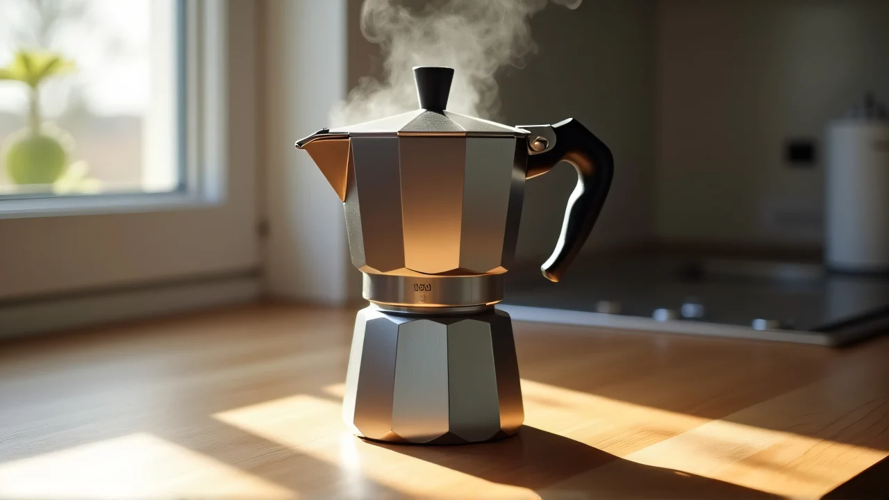 Grey moka pot on wooden countertop with steam rising.