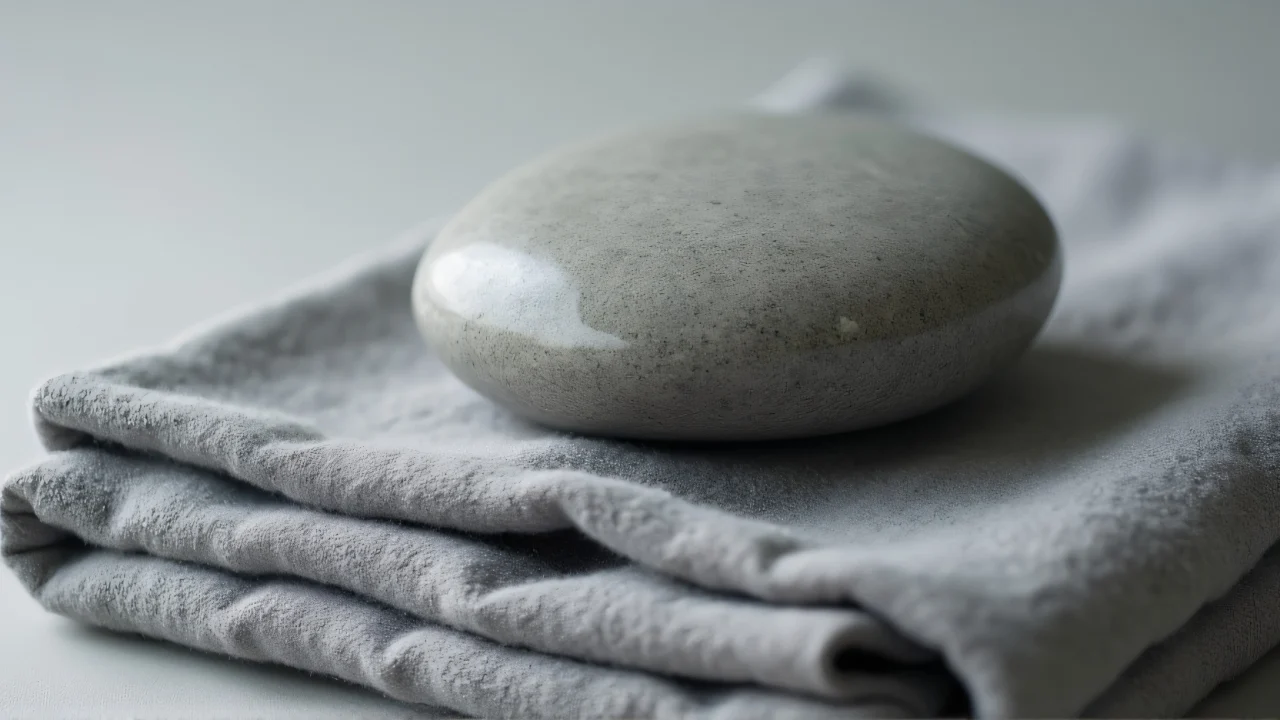 A close-up view of a grey stone on a folded grey scarf with soft lighting.