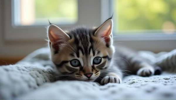 Grey Tabby Kitten Relaxing on Cozy Blanket