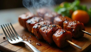 Grilled Meat Skewer Close-Up With Rustic Background