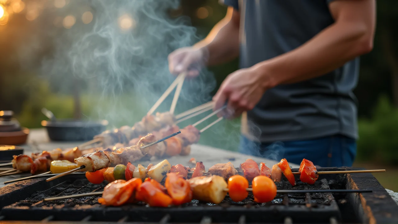 A person grills skewers and vegetables over charcoal in warm evening light, with smoke curling around them.