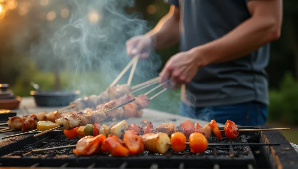 Grilling Skewers And Vegetables In Warm Evening Light