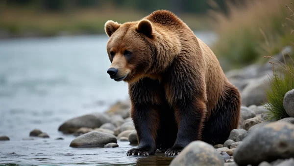 Grizzly Bear At River Edge Close-Up Profile