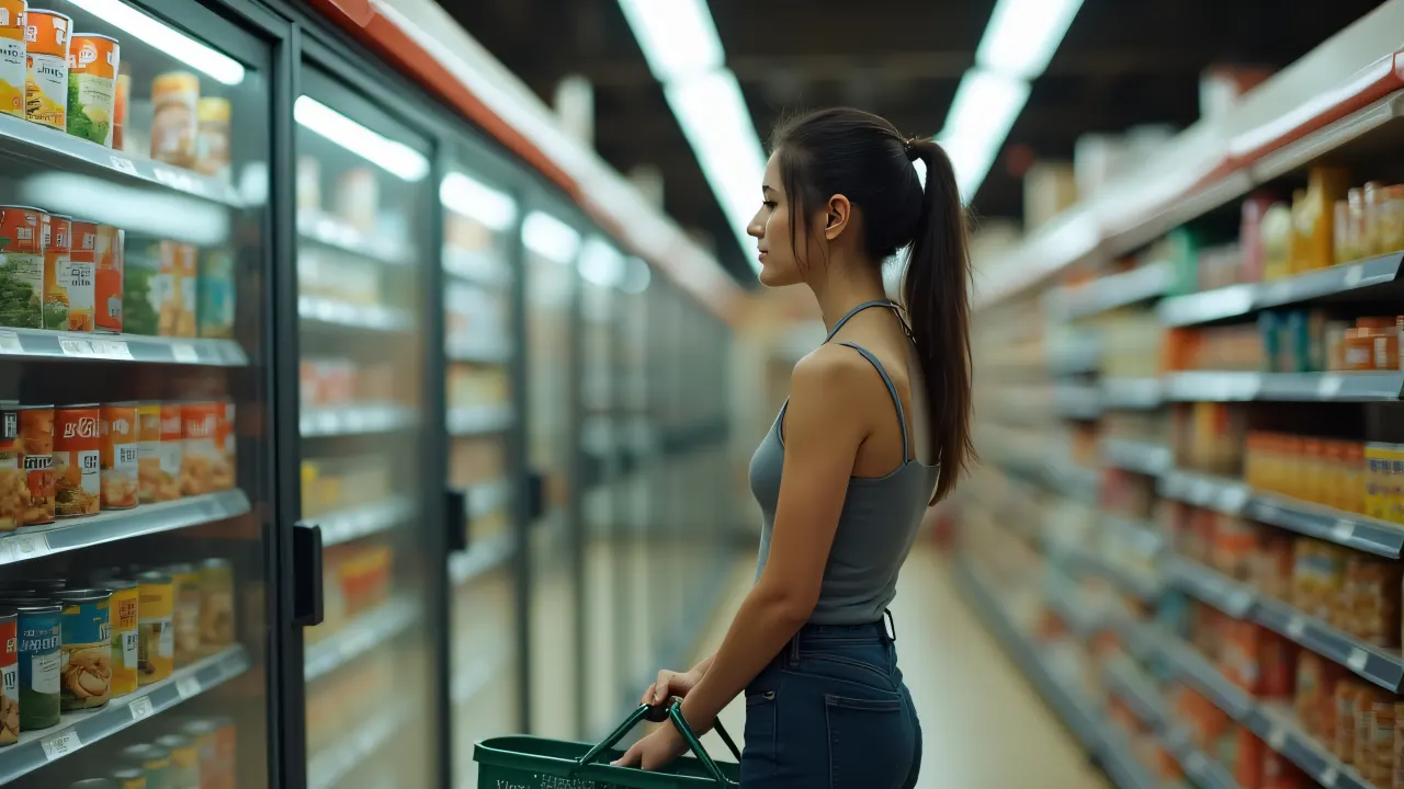 A woman with a shopping basket stands in a grocery store aisle filled with canned goods.