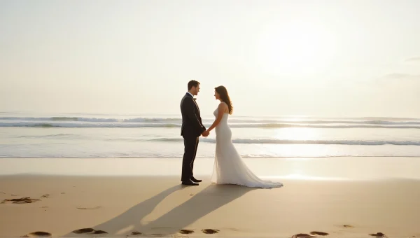 Groom In Dark Suit And Bride At Shoreline