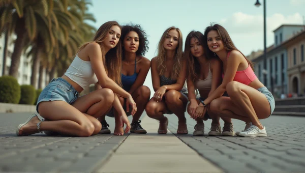 Group of Friends Posing on Textured Pavement
