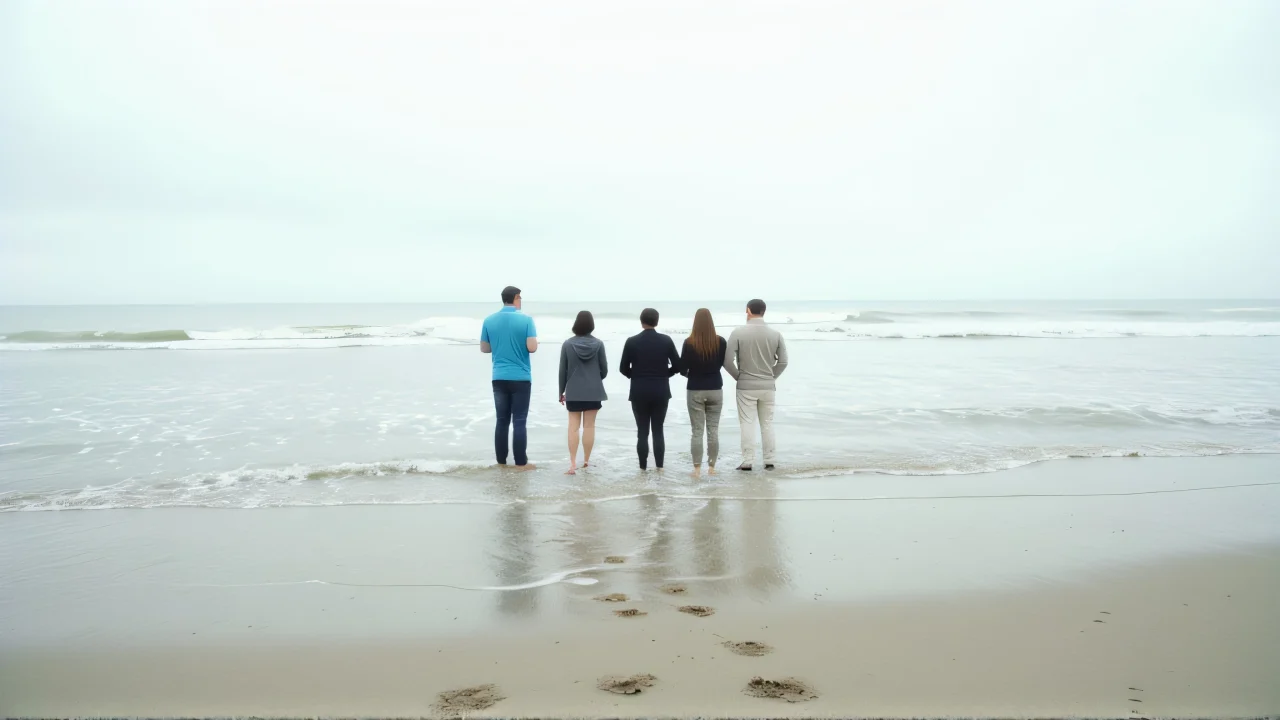 Four friends standing together on a shoreline during low tide with footprints in the sand.