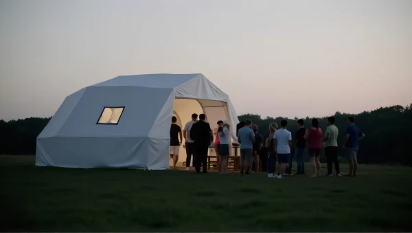 Group Gathering Near White Dome Tent at Dusk