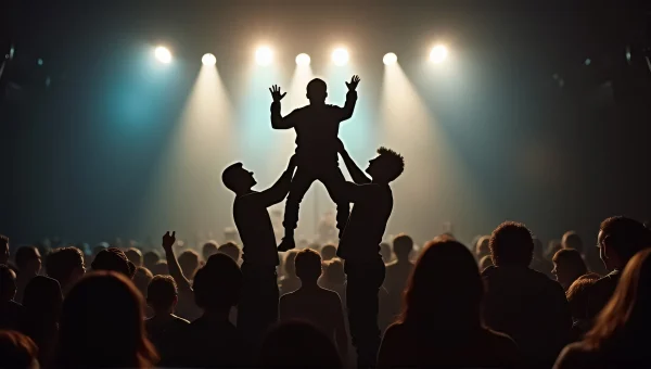 Group Lifting Person Above Crowd Stage Lights