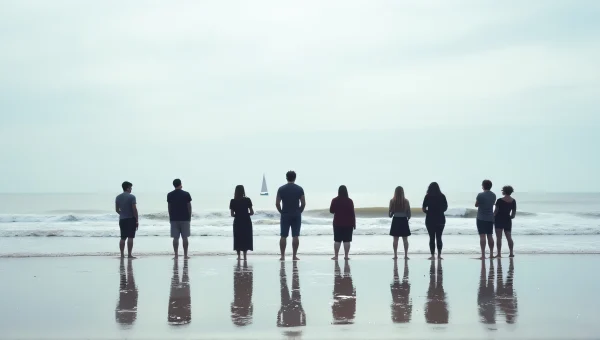 Group of People at Shoreline with Sailboat