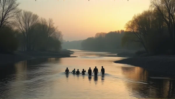 Group of People in River at Dusk