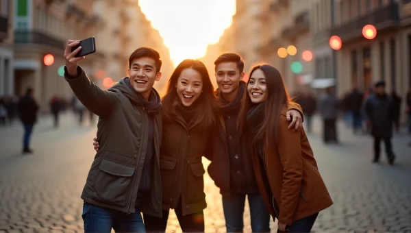 Group Selfie on Cobblestone Street at Golden Hour